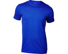 Mascot T-shirt Calais i koboltblå, størrelse L, set forfra, viser moderne pasform og ribkant i halsen.