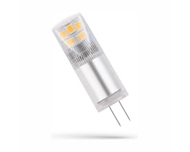 SpectrumLED G4 LED-pære på 2,5 W og 12 V med klar, cylindrisk kappe og to ben, set skråt.
