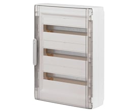 Legrand XL3 125 tavle med transparent dør og 6 rækker, klar til montering af komponenter. Hvid base med grå håndtag.