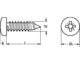 Tegning af syrefast panhoved pladeskrue 4,2x25 mm med Pozi-kærv, viser dimensioner og skruegevind.