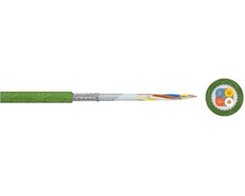 Faber Industrial Dataline P200 FC Inst. (A) SFTP PVC Kat.5e LAN kabel i grøn med synlige kernefarver blå, orange, gul og hvid samt tværsnit.