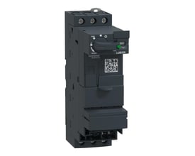 Schneider Electric TeSys Model U grundmodul LUB320 set fra venstre side, med et QR-kode mærkat synligt på den mørkegrå plaststruktur.