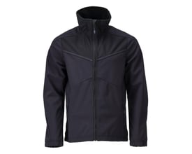 Mascot mørkeblå softshell jakke i størrelse L, vist forfra med høj krave og lynlås.