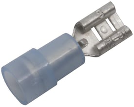 Elpress spademuffe blå, vist fra siden med fokus på den klare, lyseblå isolering og messingterminalen til 1,5-2,5mm².