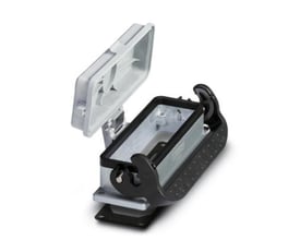 HEAVYCON indbygningshus B24 fra Phoenix Contact med grå plastdæksel, aluminiumskabinet og 24P-kompatibilitet. Ledende profiltætning ses tydeligt.