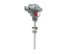 Danfoss MBT 3252 temperatur transmitter vist lodret med 50mm sonde, G1/2A tilslutning og grå kabinet.