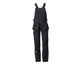 Kansas Evolve stretch overalls i sort, str. C56, vist forfra med mange detaljerede lommer og CORDURA-forstærkning ved knæ og ankler.