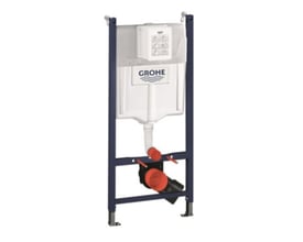 Grohe Rapid SL monteringselement med integreret cisterne til væghængt toilet, med mørk ramme og orange tilslutninger.