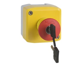 Nødstopbox fra Schneider Electric i gul med grå bagside, med et rødt Ø40 nøglebetjent nødstop med to nøgler.
