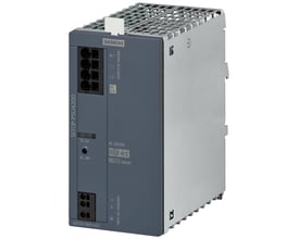 Siemens Sitop PSU4200 strømforsyning med 24V DC/20A udgang og 120/240V AC indgang. Produktet er i grå og sølvfarvet metal med tydelige mærkninger.