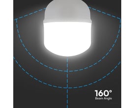 V-TAC LED pære med 160 graders spredningsvinkel visualiseret med blå linjer på mørk baggrund.