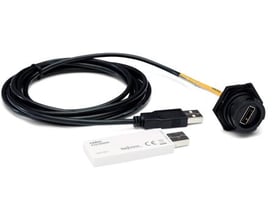 Niko USB RF interface med hvid Easywave dongle, sort USB-kabel og et sort panelmonteringsstik, alt vist på hvid baggrund.