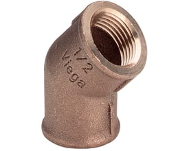 Viega 45 graders rødgods bøjning med 1" R-gevind og Rp-gevind, vist fra siden med fokus på materialet.