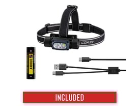 Inkluderet tilbehør til Coast WPH34R pandelampe, herunder genopladeligt batteri og USB-C kabler.