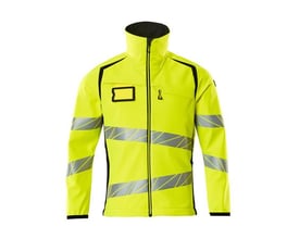 Mascot Hi-Vis softshell jakke i gul og sort, str. 4XL, med skrå reflekser og brystlomme med lynlås.