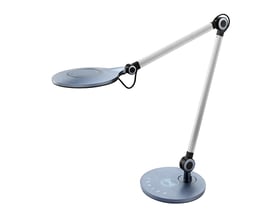 Dyberg Larsen Office Smartlight bordlampe i mat grå med integreret QI-oplader på foden og fleksibelt lampehoved.