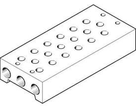 Festo tilslutningsblok PRS-1/4-6, en pneumatisk komponent med flere porte og monteringshuller, vist i isometrisk perspektiv.