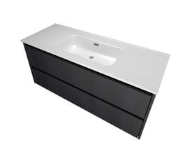 Sanibell Proline møbelsæt i sort eg, 121x46 cm, med hvid porcelænsvask og to integrerede softclose skuffer på hvid baggrund.