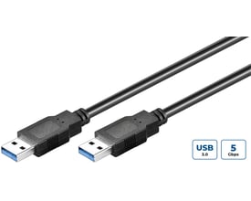 Sort MicroConnect USB 3.0 A-kabel på 0,5 meter med to USB-A-stik vist tæt på.