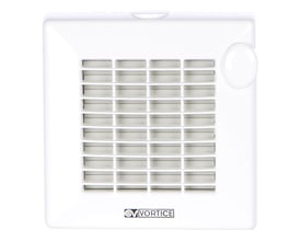 Hvid Vortice PUNTO 120 standard badeværelsesventilator med grå riste, vist forfra på hvid baggrund.