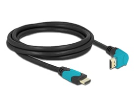 Sort DeLock HDMI-kabel på 2 meter med turkise stik og et 90° nedadvinklet stik.