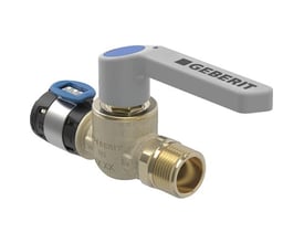 Geberit FlowFit kugleventil 20 mm x 3/4" med udvendigt gevind, grå betjeningshåndtag og mærket PN 10 bar.