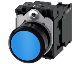 Siemens trykknap 22mm, rund blå plastikknap med flad overflade og en 1 NO skrueklemme.