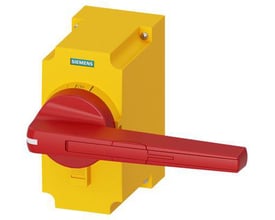 Siemens 3KF størrelse 5 direkte betjeningsmekanisme i rød og gul, med låsbar OFF-position.