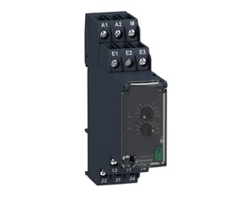 Schneider Electric Zelio RM22 overspændingsrelæ med LED indikator og testknap, der viser indstillingsmuligheder for værdi og hysteresepunkt.