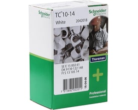 Schneider Electric TC 10-14 hvide ledningsclips til træ og spånplader, vist på originalemballage med 100 stk.