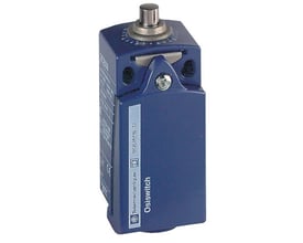 Nærbillede af Schneider Electric Osiswitch endestop med stempel, der viser "Telemecanique SQUARE D" mærkatet og 2-polede kontakter.