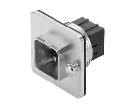 Weidmüllers IP67-hus til industriel ethernet med firkantet metalfront, stikåbning og sort bagdel.