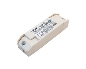 Helvar LED Minidriver LC38MINI med 38W, Dali2, 300-1050mA. Hvidt kabinet med tydelig mærkning af specifikationer og certificeringer.