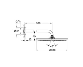 Teknisk tegning af Grohe Cosmopolitan hovedbruser, viser dimensioner for brusearm, diameter og tilslutning med målinger i mm.