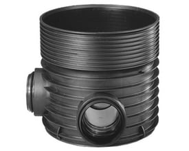 Wavin Tegra 600 rense- og inspektionsbrønd i sort PP-plast med to Ø315 mm indgange og én Ø315 mm afgang.
