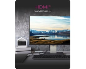 ICY Box 6-i-1-dockingstation med HDMI vises ved en computerskærm med tekst om 4K-opløsning ved 60 Hz.