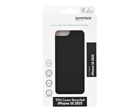 Sort Essentials TPU-cover til iPhone 16e/17e ses forfra i emballagen med coverets bagside synlig.