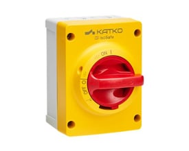 Katko IsoSafe KEM 325 YR sikkerhedsafbryder med gult kabinet og rødt drejegreb, set forfra.