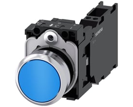 Siemens 22mm rund trykknap med blank blå betjening og metalfront, vist med fjederterminal bagpå.