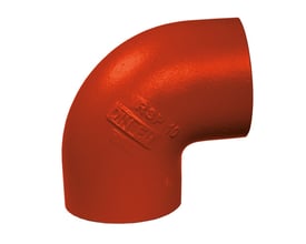SML bøjning i støbejern med 83 mm diameter og 88.5 graders vinkel, malet rød.