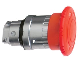 Schneider nødstop Ø40 mm med rød tryk-drej knap og metalhus, isoleret på hvid baggrund.