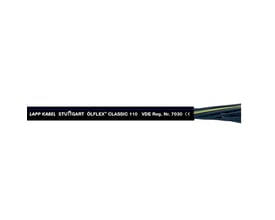 Olflex Classic 110 kabel fra Lapp med 4x0,75 mm², sort ydre beklædning med hvid tekst: LAPP KABEL STUTTGART ÖLFLEX® CLASSIC 110 VDE Reg. Nr. 7030 CE.