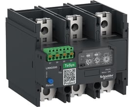 Schneider Electric TeSys Giga LR9G 500A elektronisk termorelæ med fjederklemmer og kontrolknapper på mørkegrå plastik. Visuelt tre hovedterminaler og et grønt klemrække.