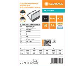 Grafisk produktark for Ledvance Floodlight Compact, sort projektør på 42 W med specifikationer og lysindstillinger.