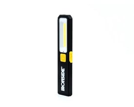 Genopladelig Ironside Mini-håndlampe med sort, slankt hus, gule betjeningsknapper og lang arbejdslysflade.