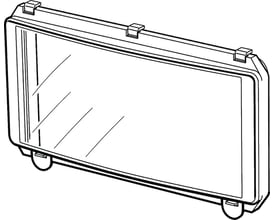 Tegning af Fibox EK-hængsellåg i røgfarvet transparent polycarbonat, set skråt forfra med hængsler og låsebeslag.