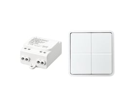 Jumitech BasicDim Wireless DALI modtager og et hvidt 4-tryks trådløst tryk, vist på hvid baggrund.