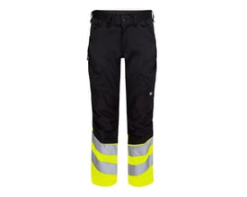 Engel High-Vis bukser model 2546-314 i sort og gul, størrelse 88, med moderne pasform og synlige reflekser nederst på benene.