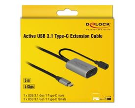 DeLock aktivt USB-forlængerkabel på 5 meter i gul salgsemballage med USB Type-C-stik.