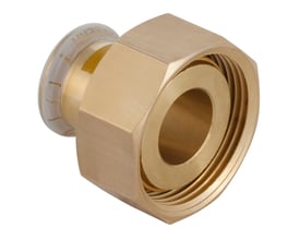 Geberit Mapress CUG omløber i messing, 28 mm x 1.3/8", med synlig Geberit logo og muffesamling på hvid baggrund.